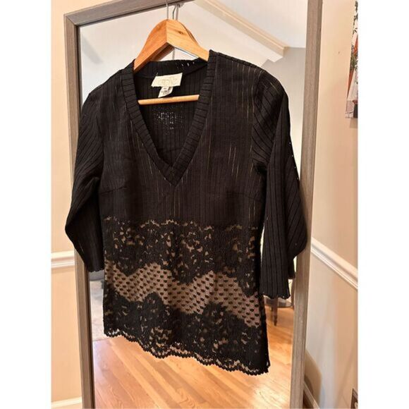 Cache‎ V Neck 3/4 Sleeve Sweater Size Small Tan/Black - Picture 1 of 4